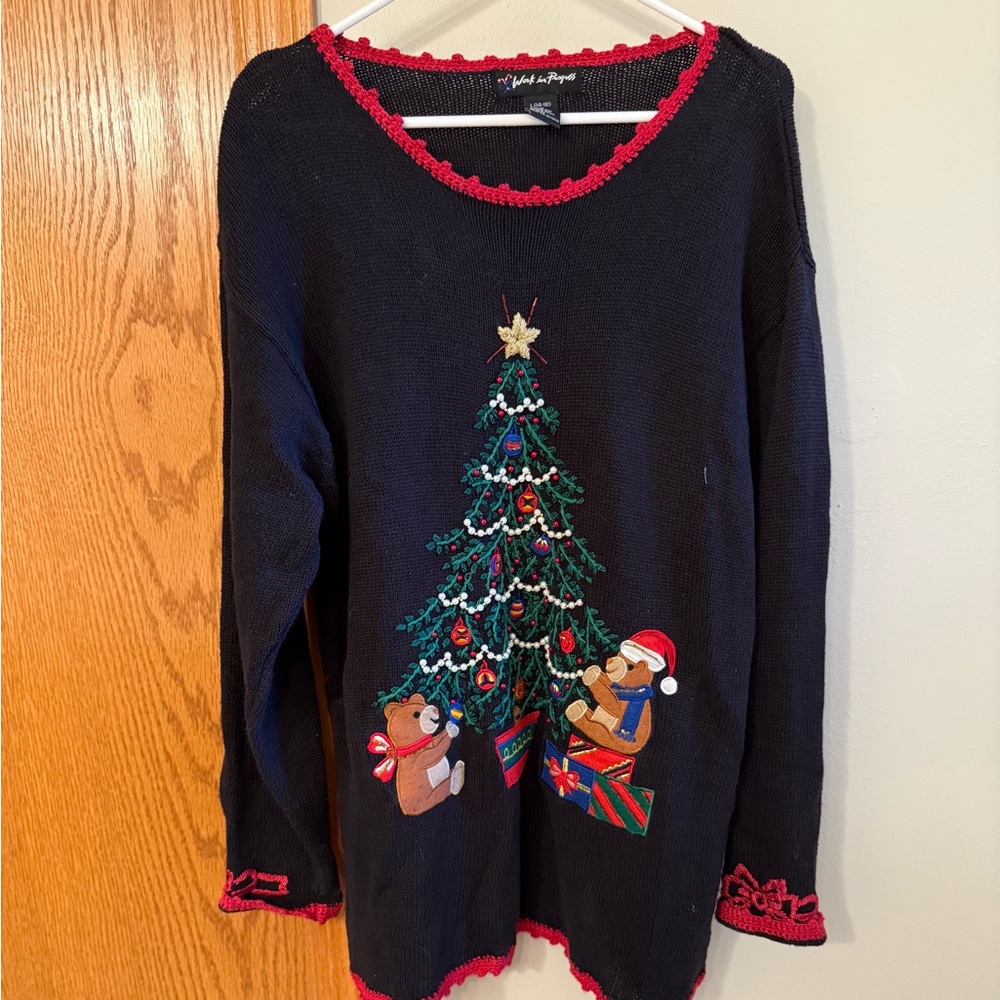 Vintage Christmas Sweater with Tree and Bears (beautiful details!